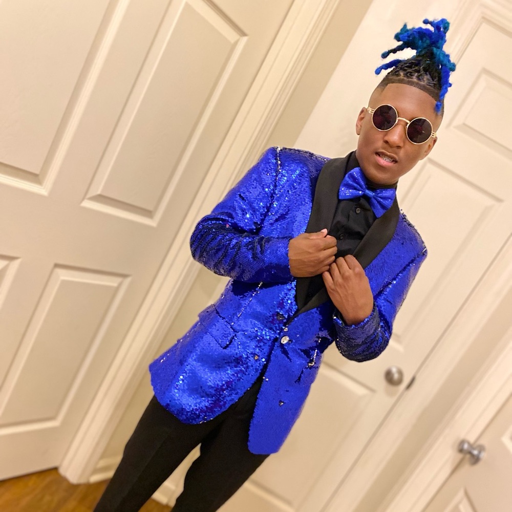 Blue Men Shiny Sequin Blazer One Button Suit Jacket